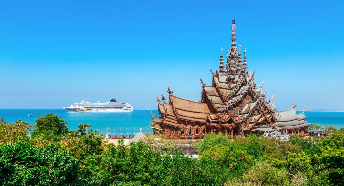 Panoramic View to the Sanctuary of Truth with the Blue Sea background in Pattaya