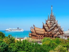 Panoramic View to the Sanctuary of Truth with the Blue Sea background in Pattaya