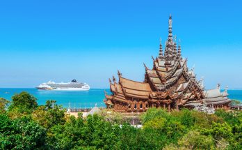 Panoramic View to the Sanctuary of Truth with the Blue Sea background in Pattaya