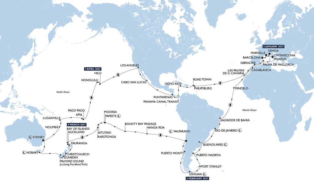 A map of the MSC Cruises 2027 World Cruise