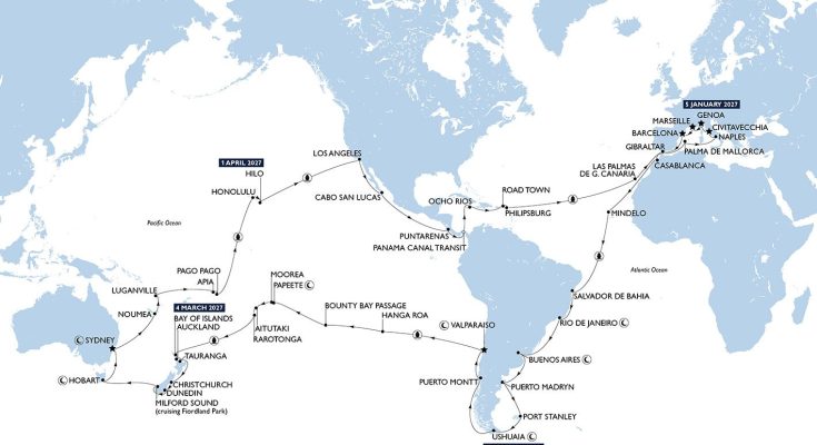 A map of the MSC Cruises 2027 World Cruise